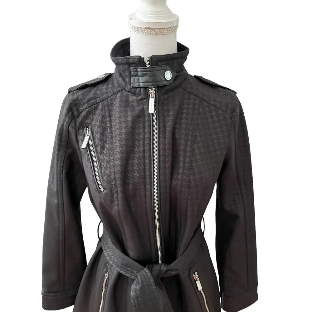 Michael Kors Weatherproof Belted Jacket Black Houndstooth Print S